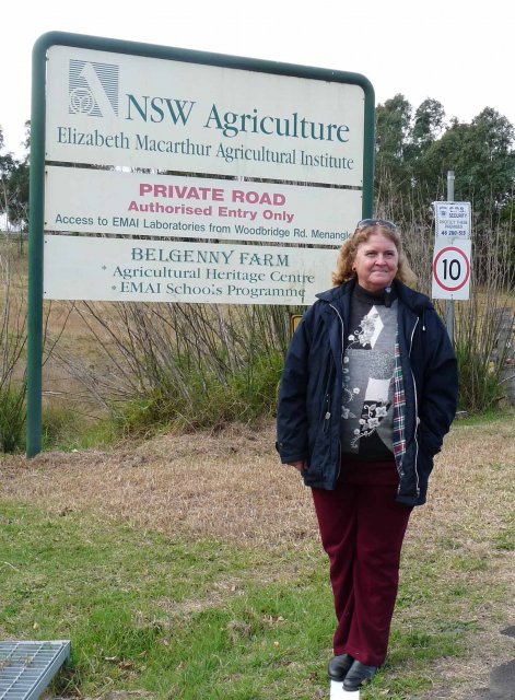 Auntie Glenda Chalker at Belgenny Farm entrance sign